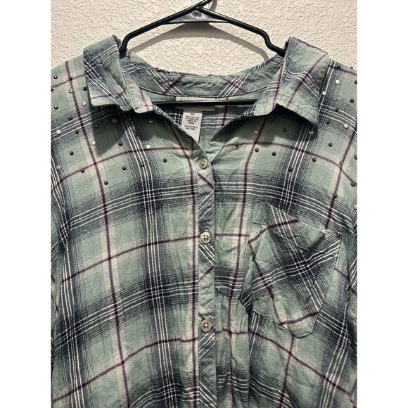 Catherines Button Up Shirt Womens 3X Blue Plaid Rhinestones Lightweight Beachy - Picture 3 of 7